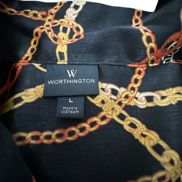 WORTHINGTON BRAND CHAIN PRINT BLOUSE W/3 BUTTON NECKLINE AND ATTACHED TIE. - Picture 10 of 16